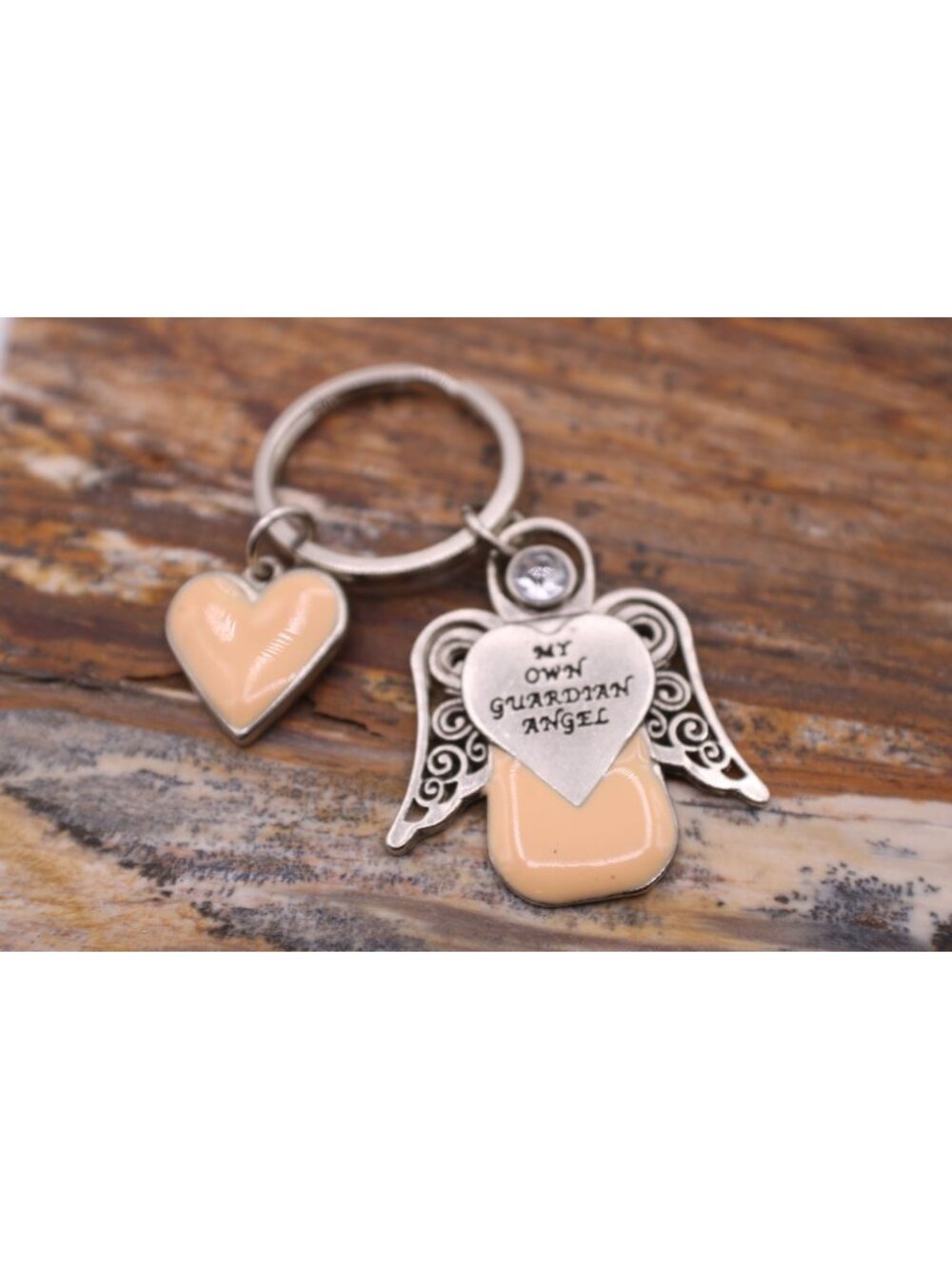 My Guardian Angel Keychain and Heart Charm Rhinestone Peach Enamel Design Gift